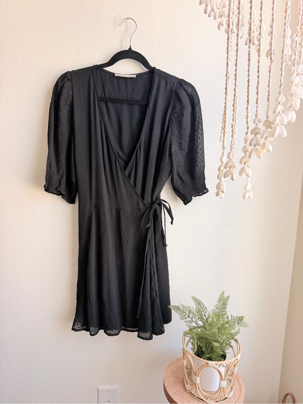 Abercrombie & Fitch Black Wrap Mini Dress with Puff Sleeves